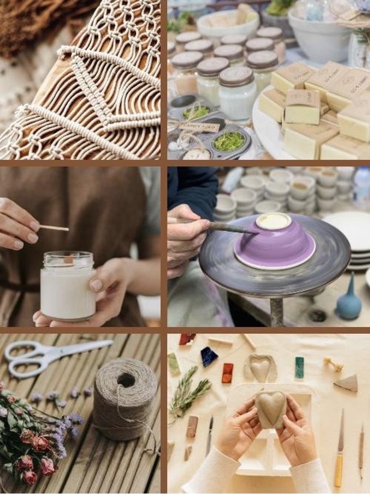 Các sản phẩm và hoạt động thủ công hiện đại như macrame, nến thơm, xà phòng handmade và tạo hình gốm.